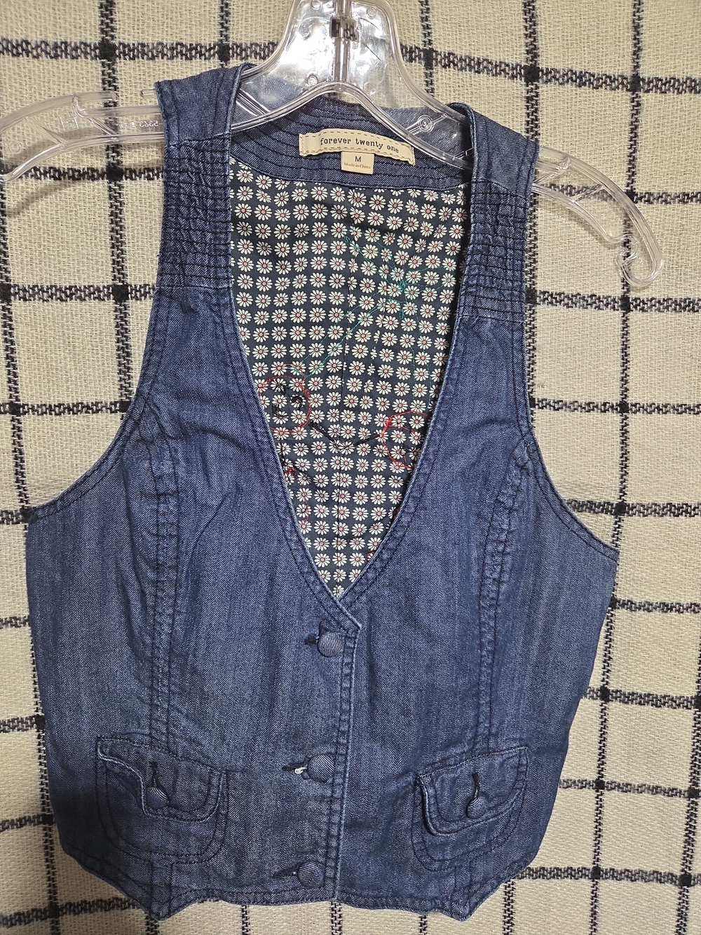 Forever 21 Women's Denim Vest - Blue With Western Cherries Added Sz Med